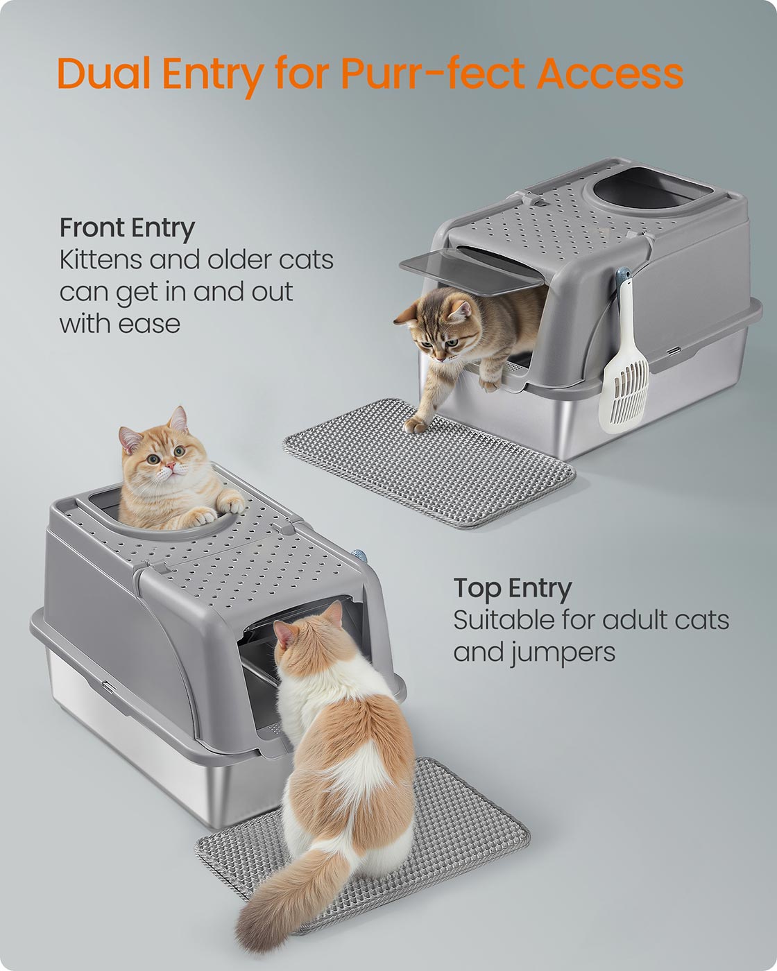 Katzentoilette aus Edelstahl mit Schaufel und Pinsel, Taube grau