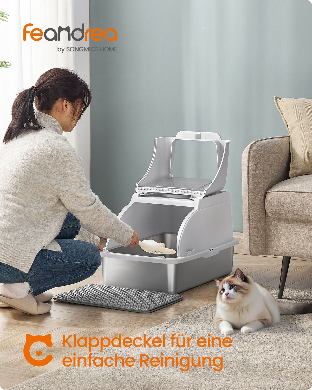 Kattenbak - Van Roestvrij Staal - Met Hoge Rand en Schep - Lichtgrijs - 61 x 40 x 36,5 cm