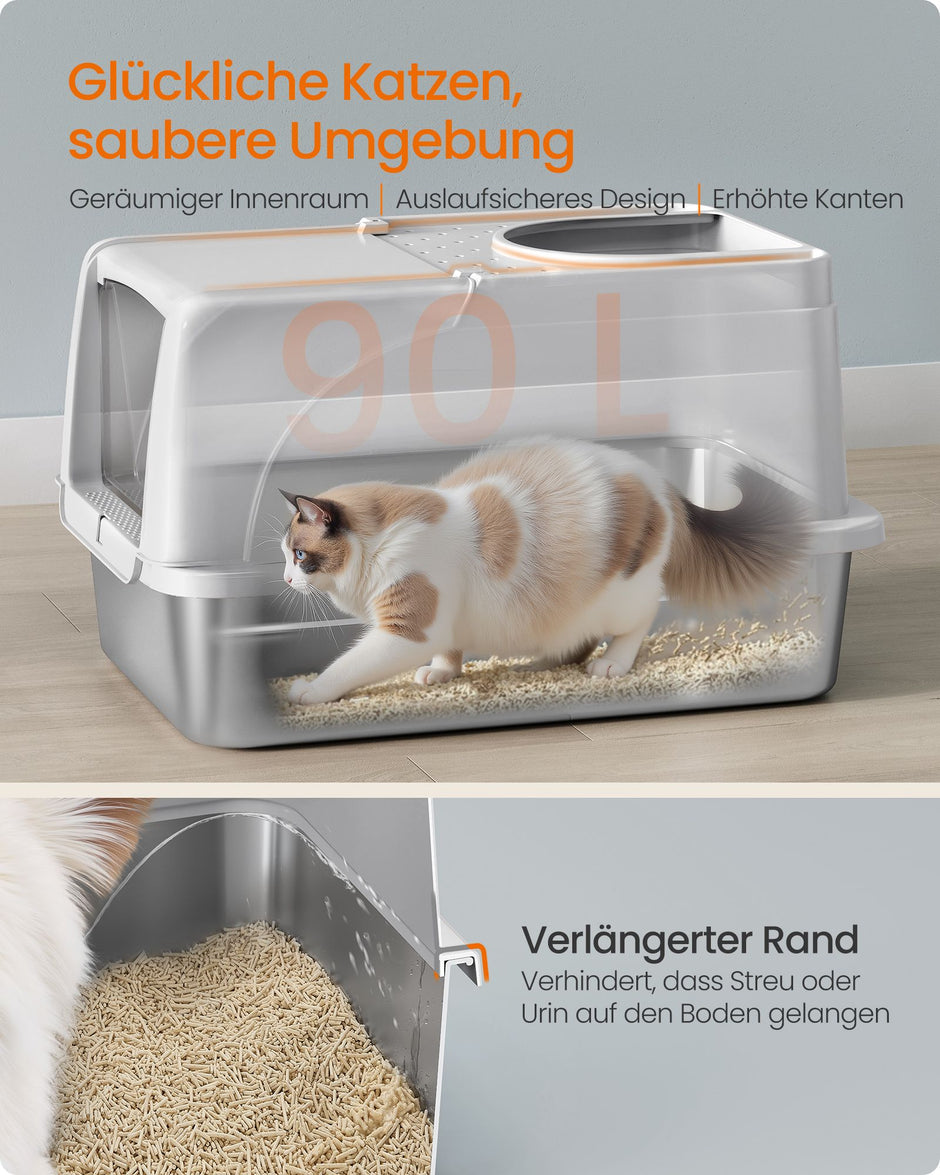 Kattenbak - Van Roestvrij Staal - Met Hoge Rand en Schep - Lichtgrijs - 61 x 40 x 36,5 cm