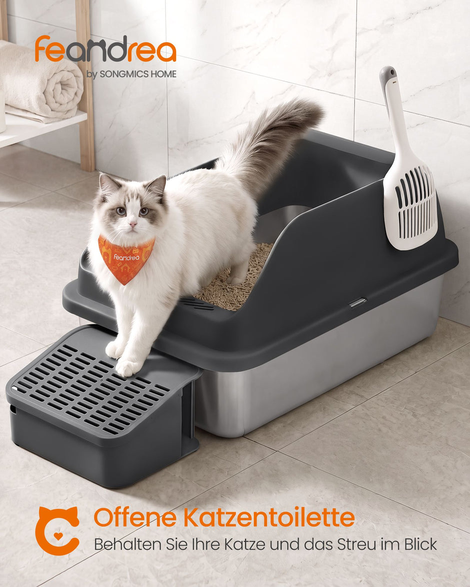 Kattenbak - Van Roestvrij Staal - Met Hoge Rand en Schep - Inktzwart - 61 x 41 x 30,2 cm