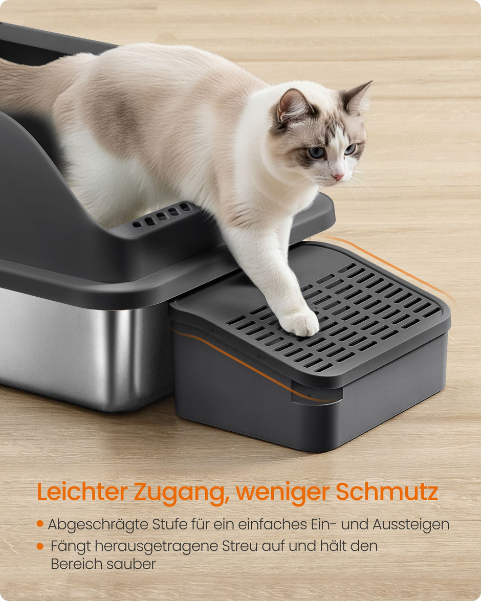Kattenbak - Van Roestvrij Staal - Met Hoge Rand en Schep - Inktzwart - 61 x 41 x 30,2 cm