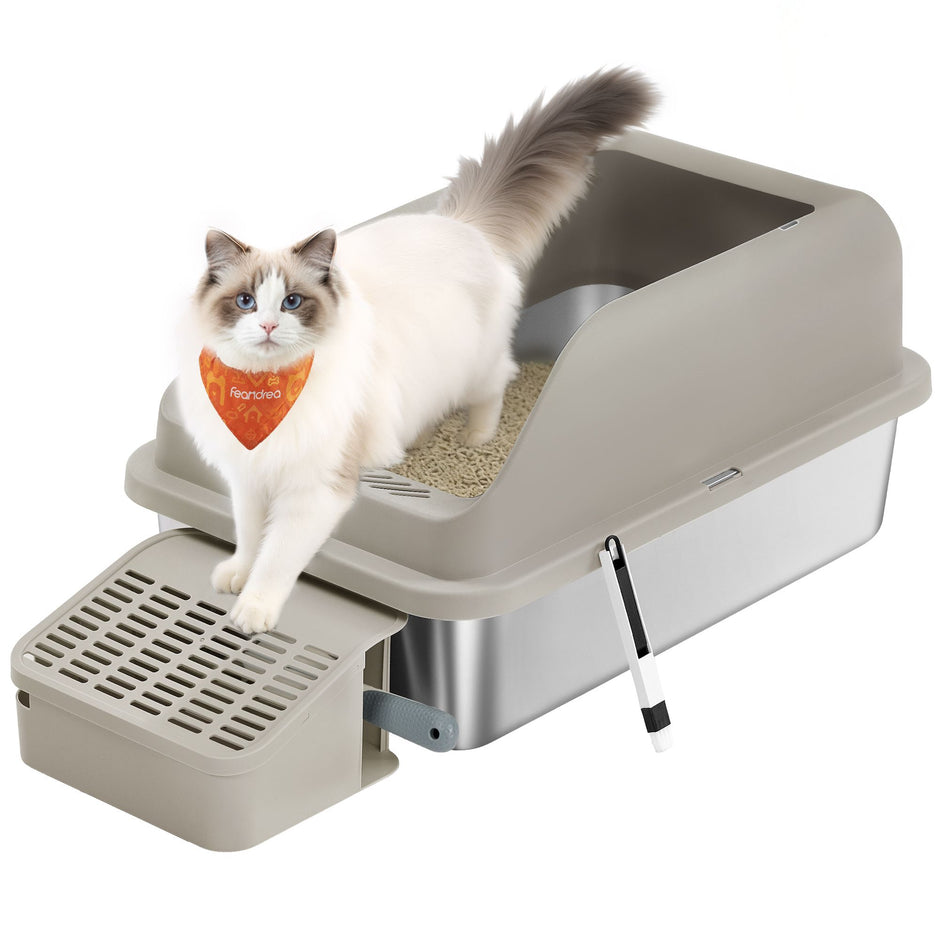 Kattenbak - Van Roestvrij Staal - Met Hoge Rand en Schep - Koffiebruin - 61 x 41 x 30,2 cm