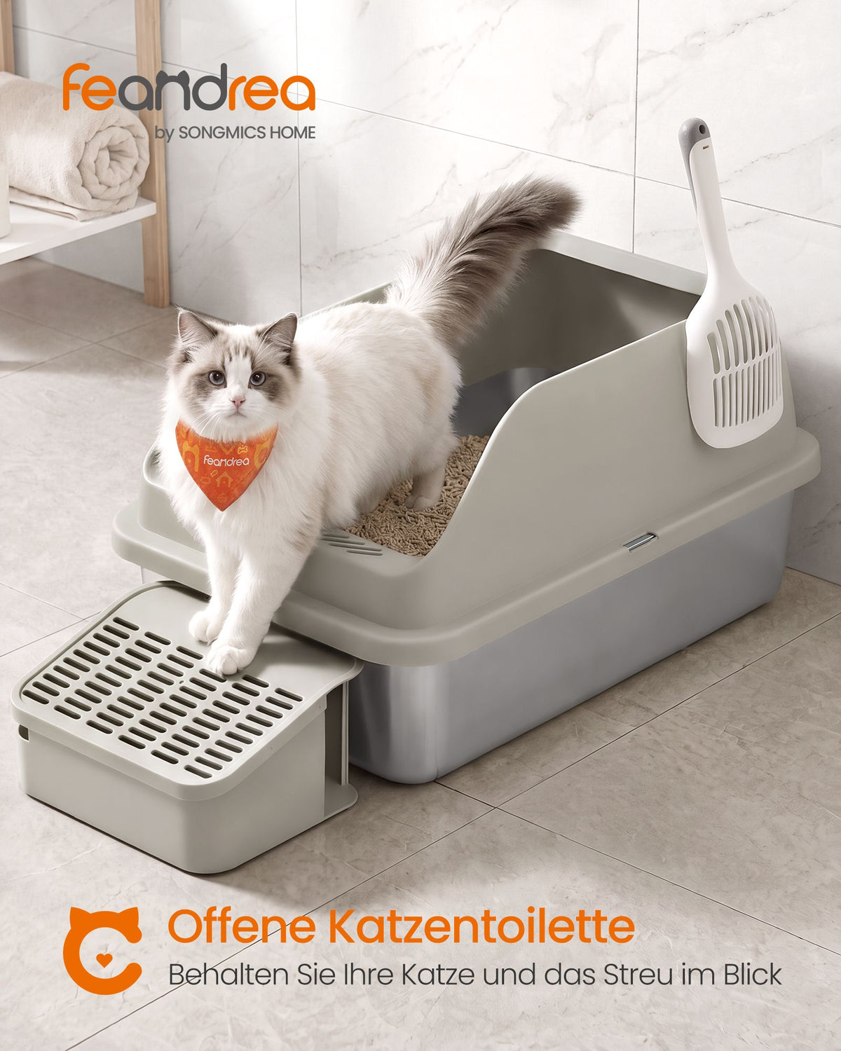Kattenbak - Van Roestvrij Staal - Met Hoge Rand en Schep - Koffiebruin - 61 x 41 x 30,2 cm