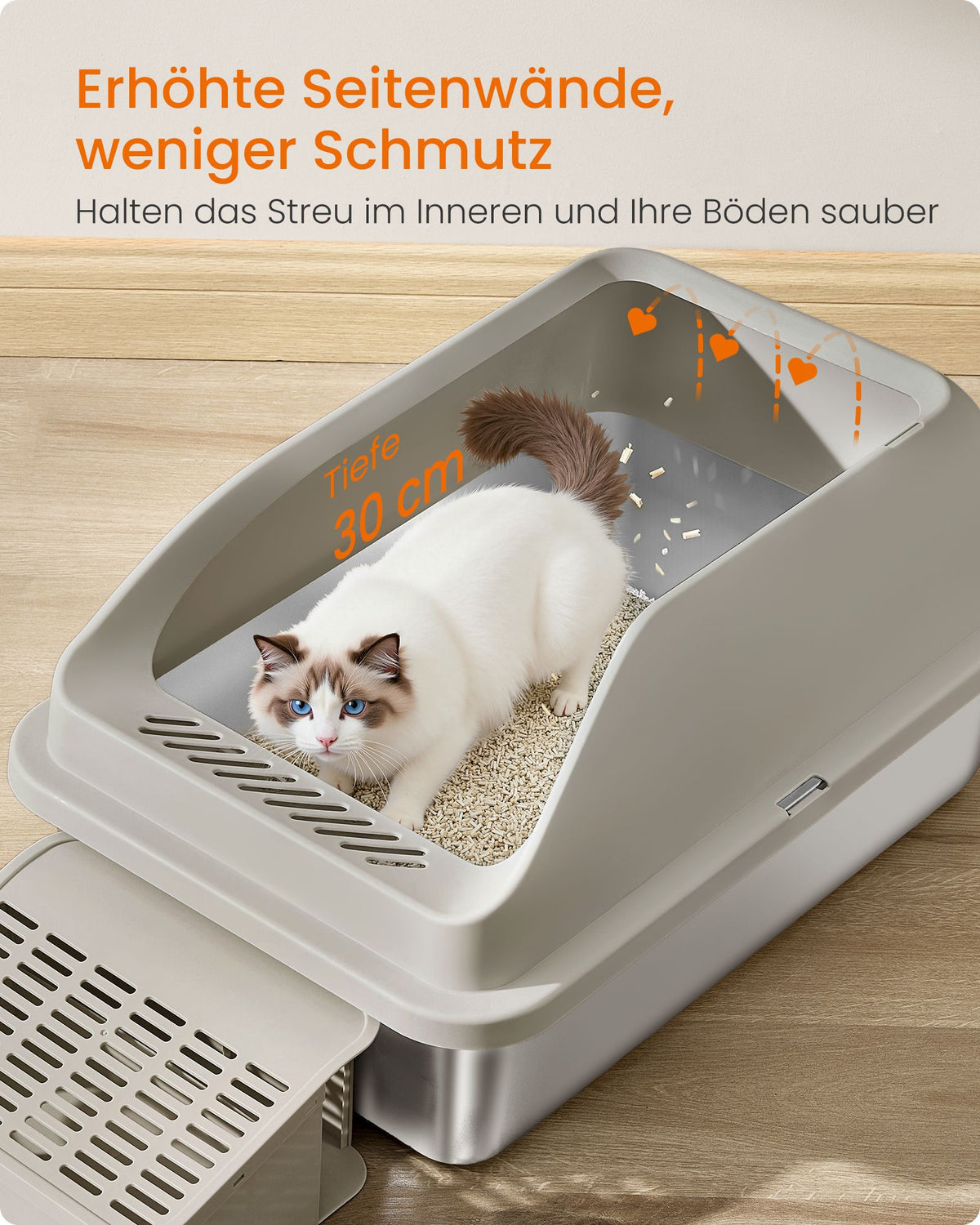 Kattenbak - Van Roestvrij Staal - Met Hoge Rand en Schep - Koffiebruin - 61 x 41 x 30,2 cm