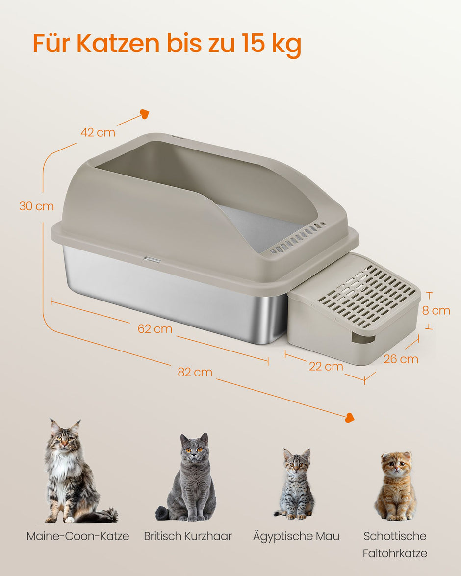 Kattenbak - Van Roestvrij Staal - Met Hoge Rand en Schep - Koffiebruin - 61 x 41 x 30,2 cm