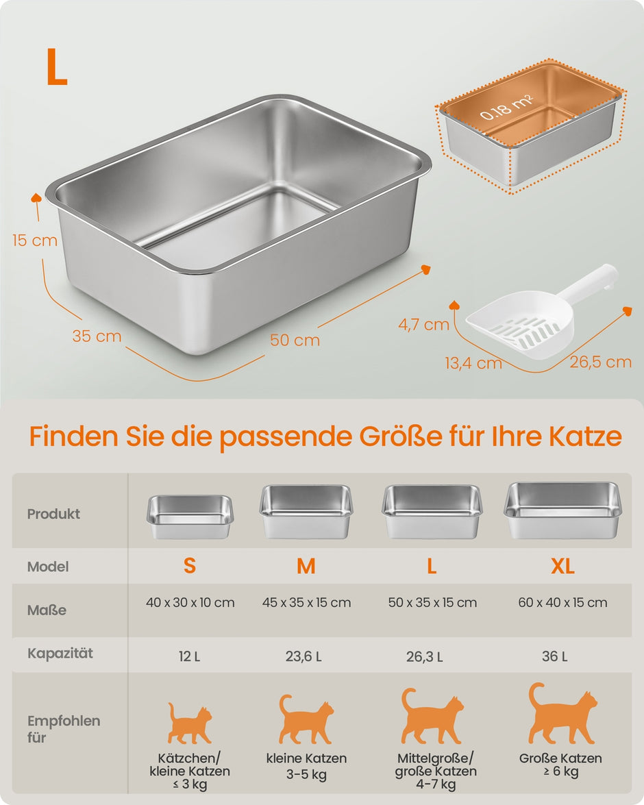 Kattenbak - 50 x 35 x 15 cm - roestvrij staal - zilver - voor middelgrote en grote katten