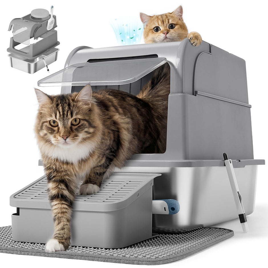 Gesloten Kattenbak - Roestvrij Staal - 2 Ingangen - Met Schepje - Duifgrijs