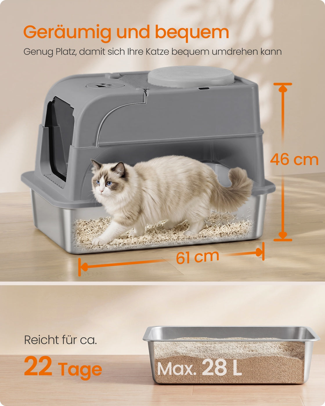 Gesloten Kattenbak - Roestvrij Staal - 2 Ingangen - Met Schepje - Duifgrijs