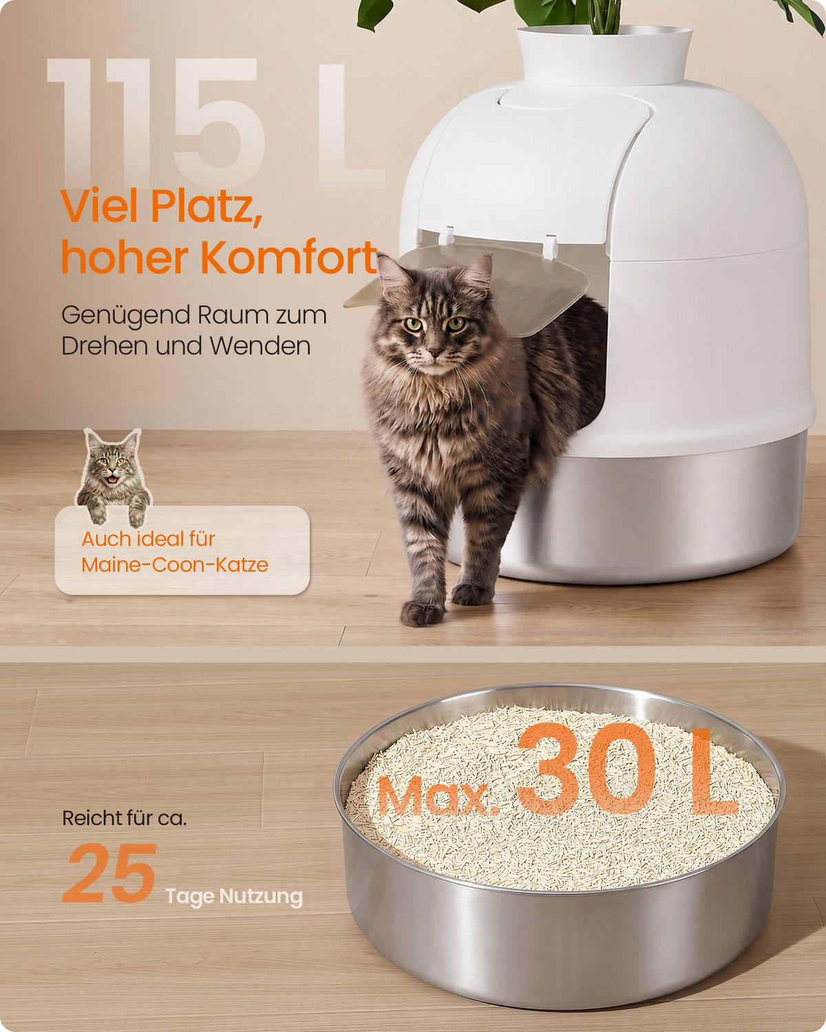 Kattenbak – Gesloten – XXL – RVS – Met Decoratieve Plant en Geurbeheersing – Wolkenwit en Zilver
