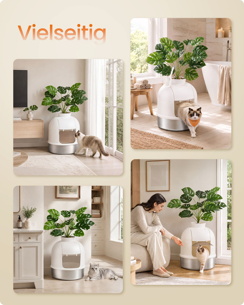 Kattenbak – Gesloten – XXL – RVS – Met Decoratieve Plant en Geurbeheersing – Wolkenwit en Zilver