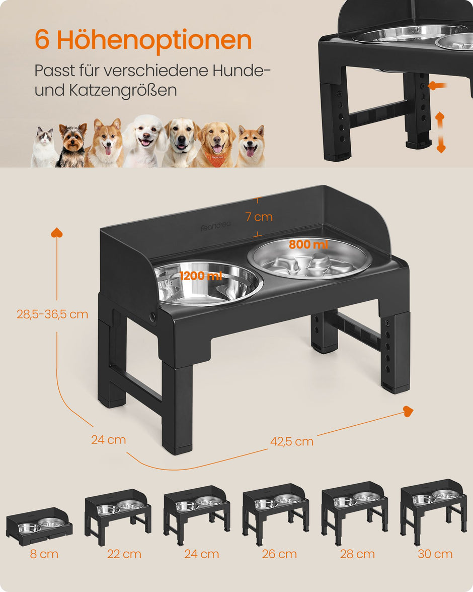 Verhoogde Voerbak voor Honden – In Hoogte Verstelbaar – RVS Voerbakken met Anti-Schrokbak – Zwart