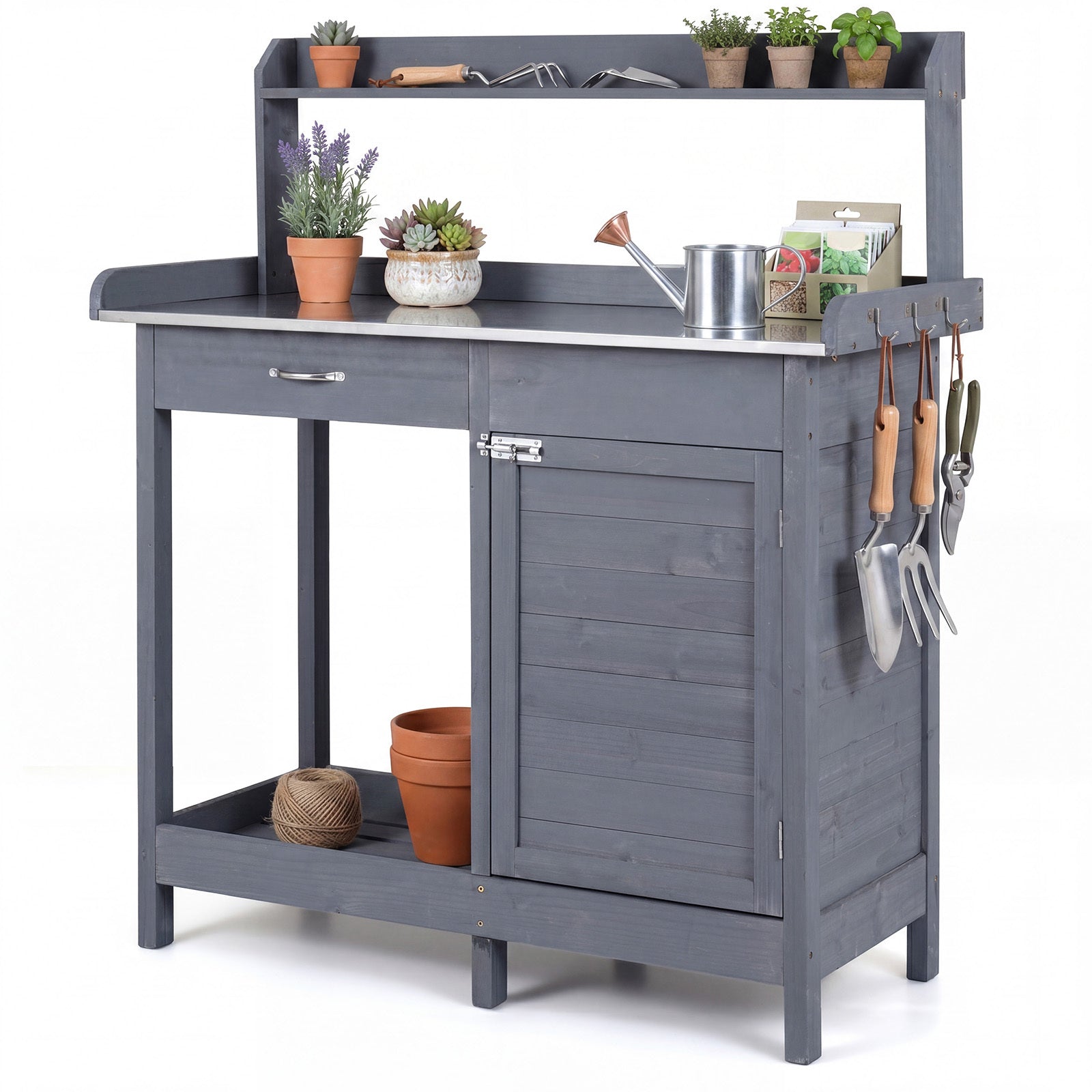 Planterbord – med rostfri plåt, trädgårdsarbetsbord låda, underskåp och hylla, cm, Grått – 112 x 46,5 x 125