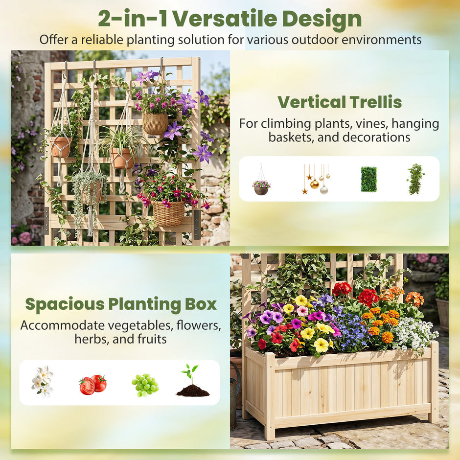 Planteringslåda – med klättergaller upphöjd planteringsbädd av massiv trä för blommor och klätterväxter blomsterbädd – 76 x 32 x 143 cm – Natur