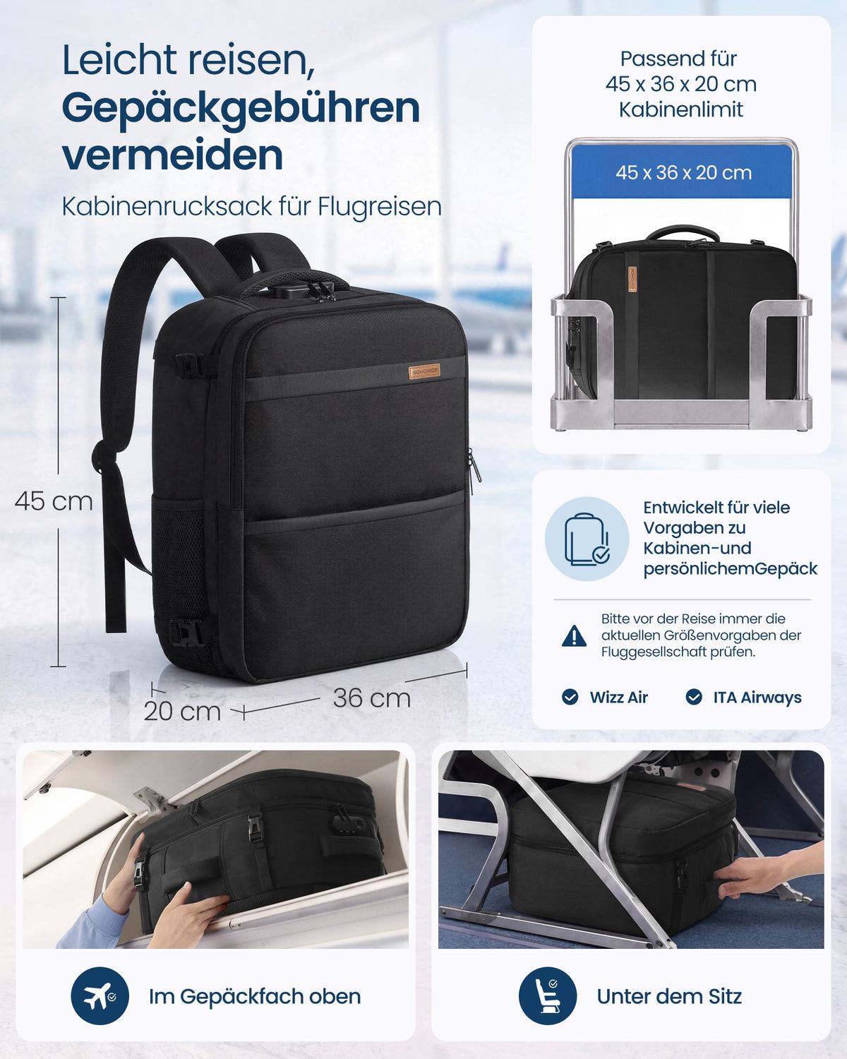 Handbagage Rugzak – 30 L – Laptopvak 15,6 Inch – Cijferslot – Zwart