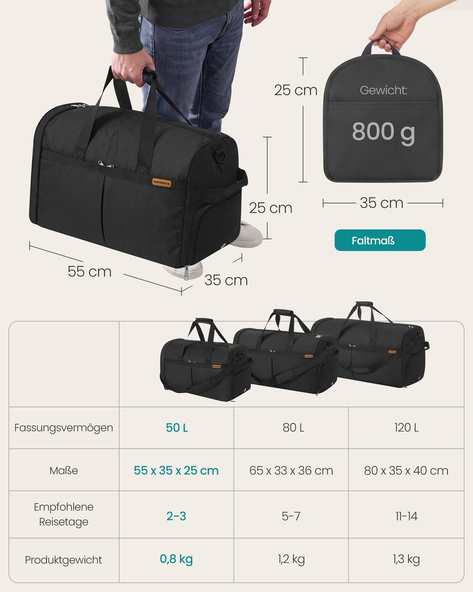 Opvouwbare Sporttas 50 L – Met Schoenenvak en Natvak – Weekendtas – Zwart
