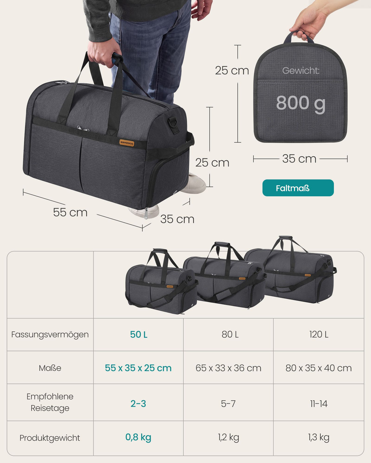 Opvouwbare Sporttas 50 L – Met Schoenenvak en Natvak – Weekendtas – Grijs