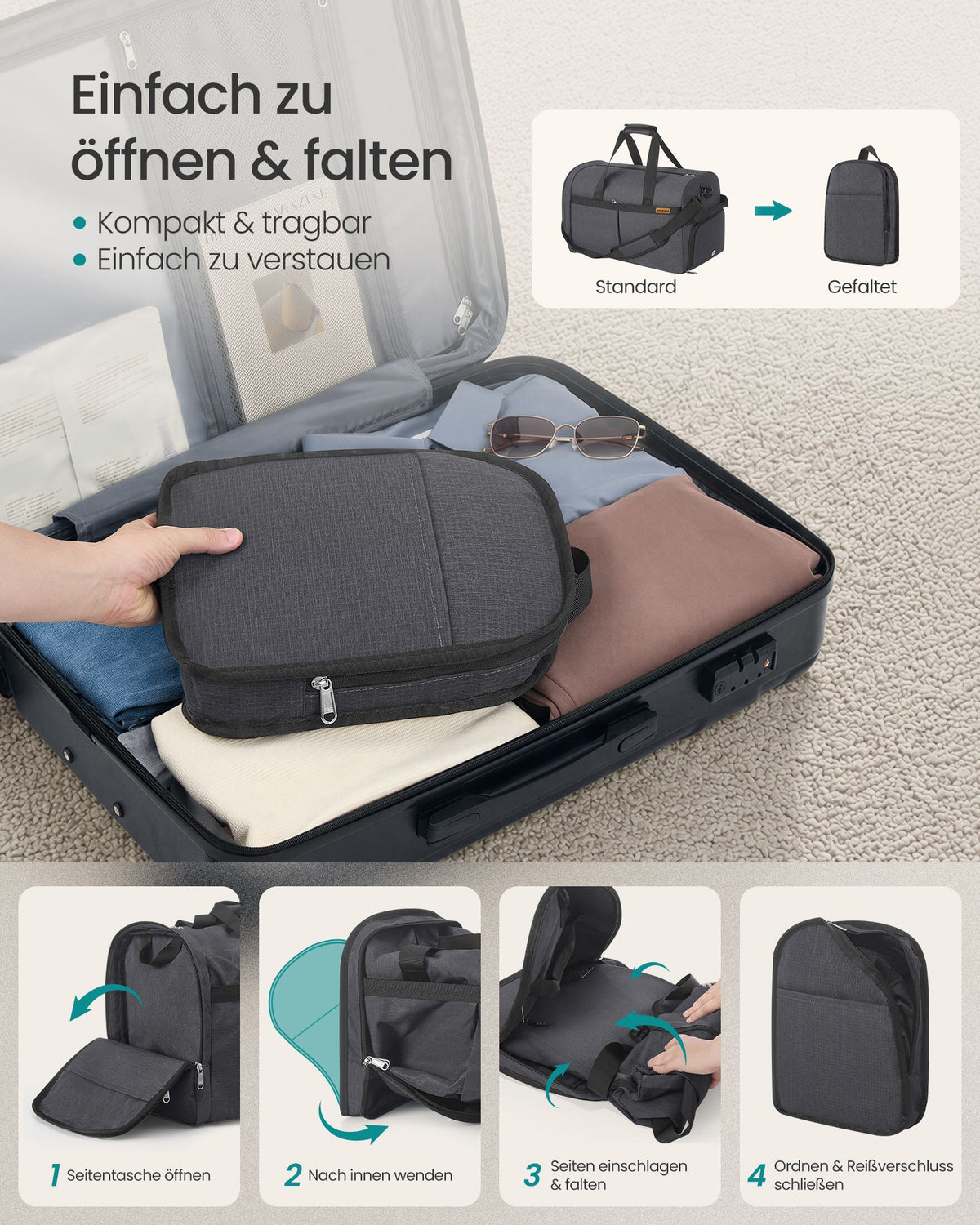Opvouwbare Sporttas 50 L – Met Schoenenvak en Natvak – Weekendtas – Grijs