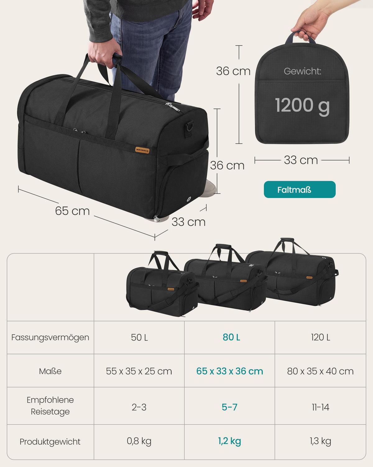 Opvouwbare Sporttas 80 L – Met Schoenenvak en Natvak – Weekendtas – Zwart