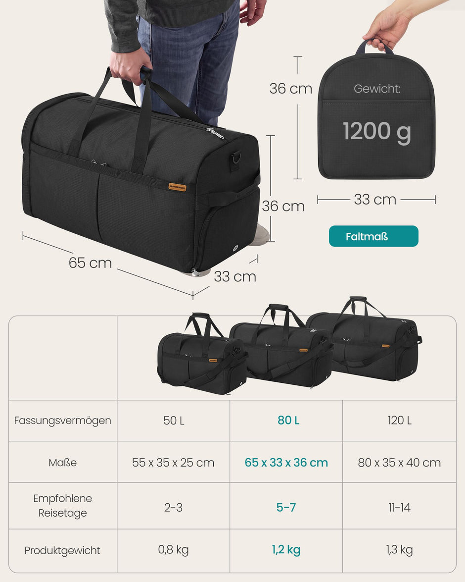 Opvouwbare Sporttas 80 L – Met Schoenenvak en Natvak – Weekendtas – Zwart