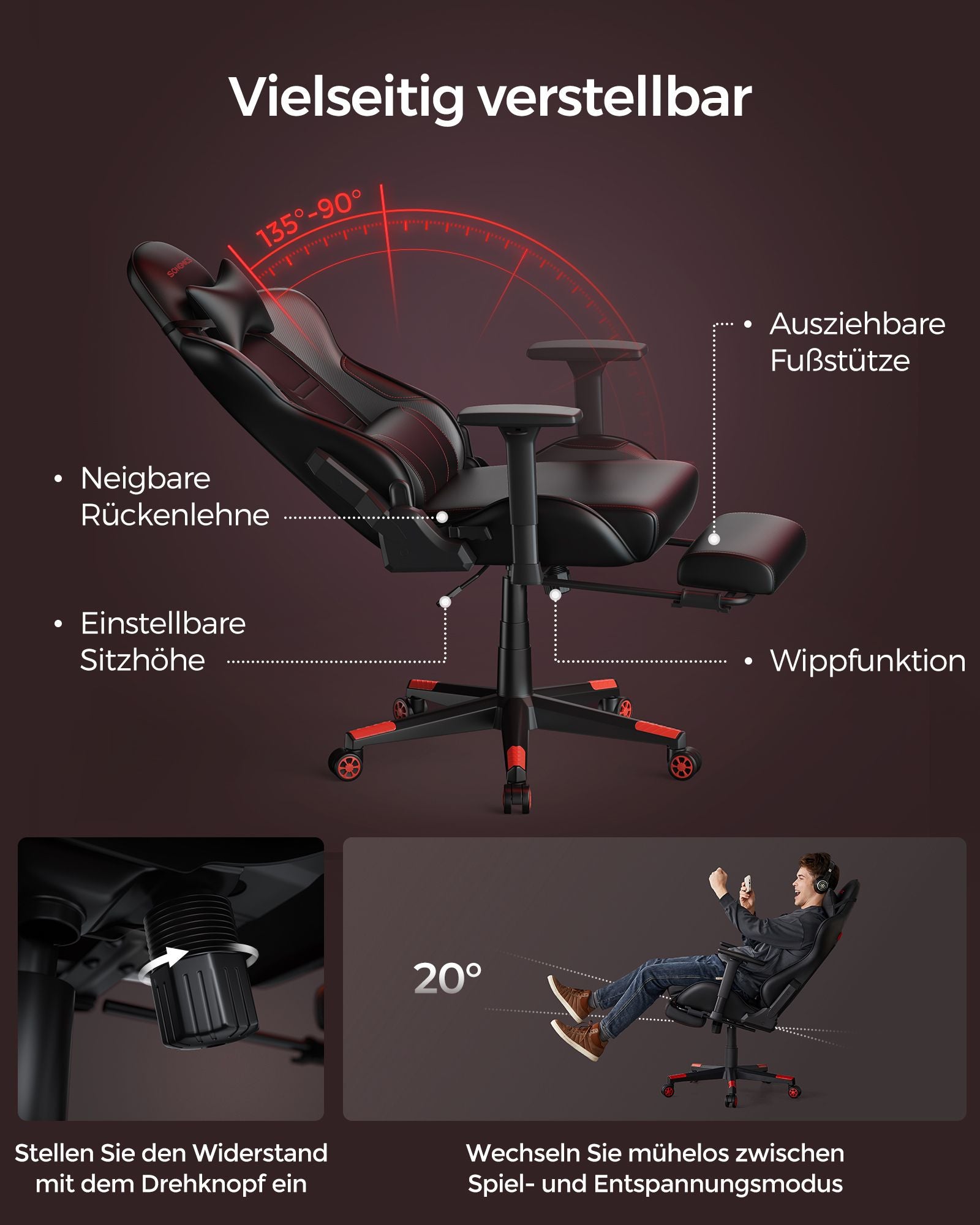 Office Stuhl-Geronomic-mit Armlehnen und Küssen-Schwarz-Rood
