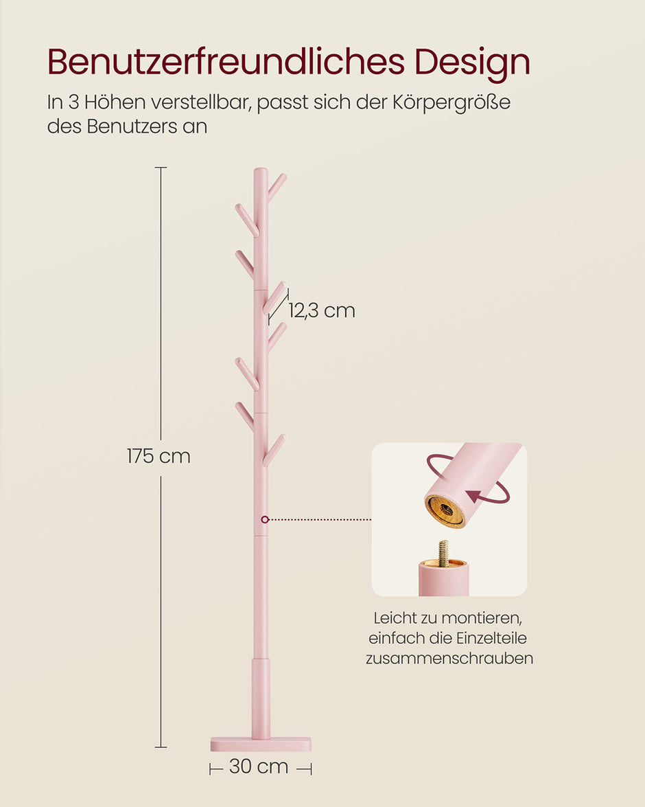 Schichtregal aus massivem Holz mit 8 Haken, Pastellrosa