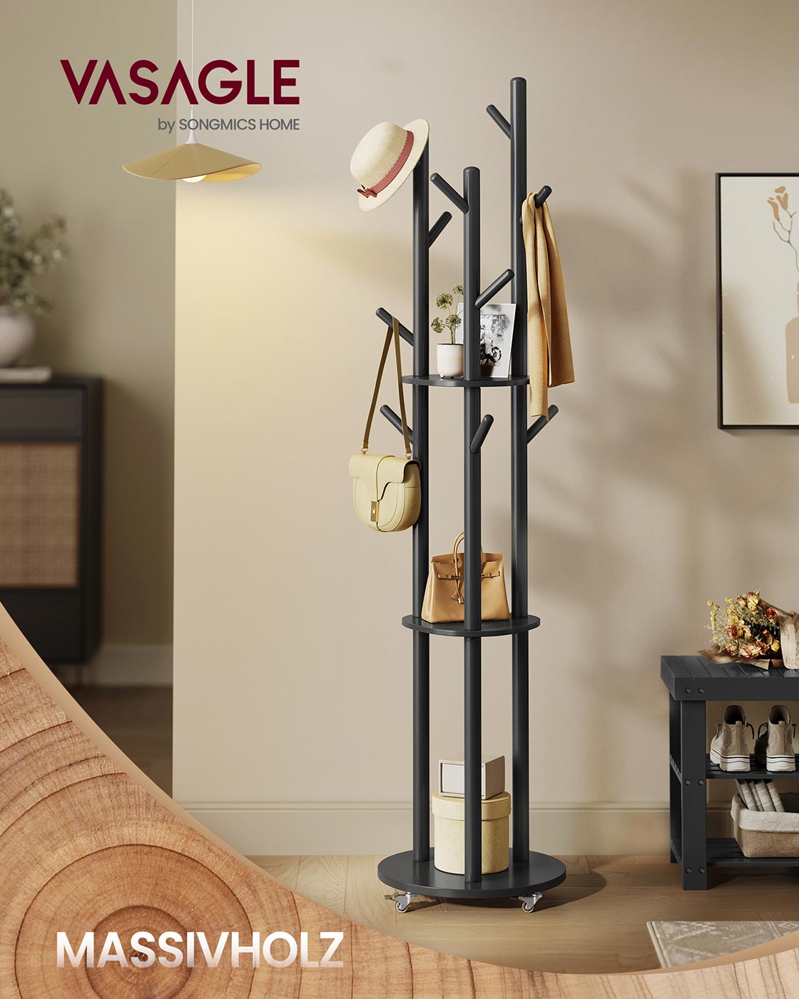 Kleiderregal - Massivholz - Haken - Bretter