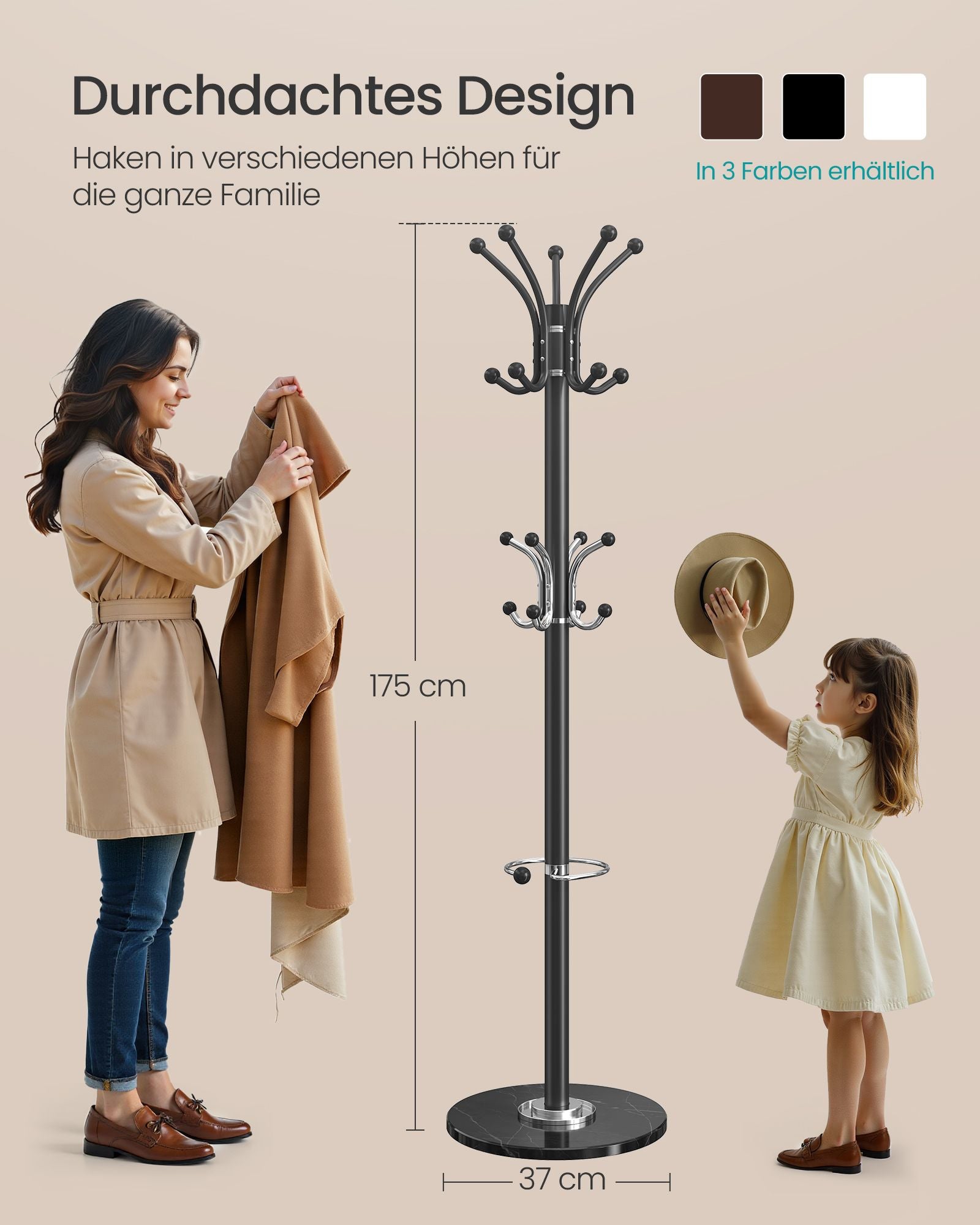 Kapstok - Staand met Haken - Zwart - 38 x 38 x 178 cm