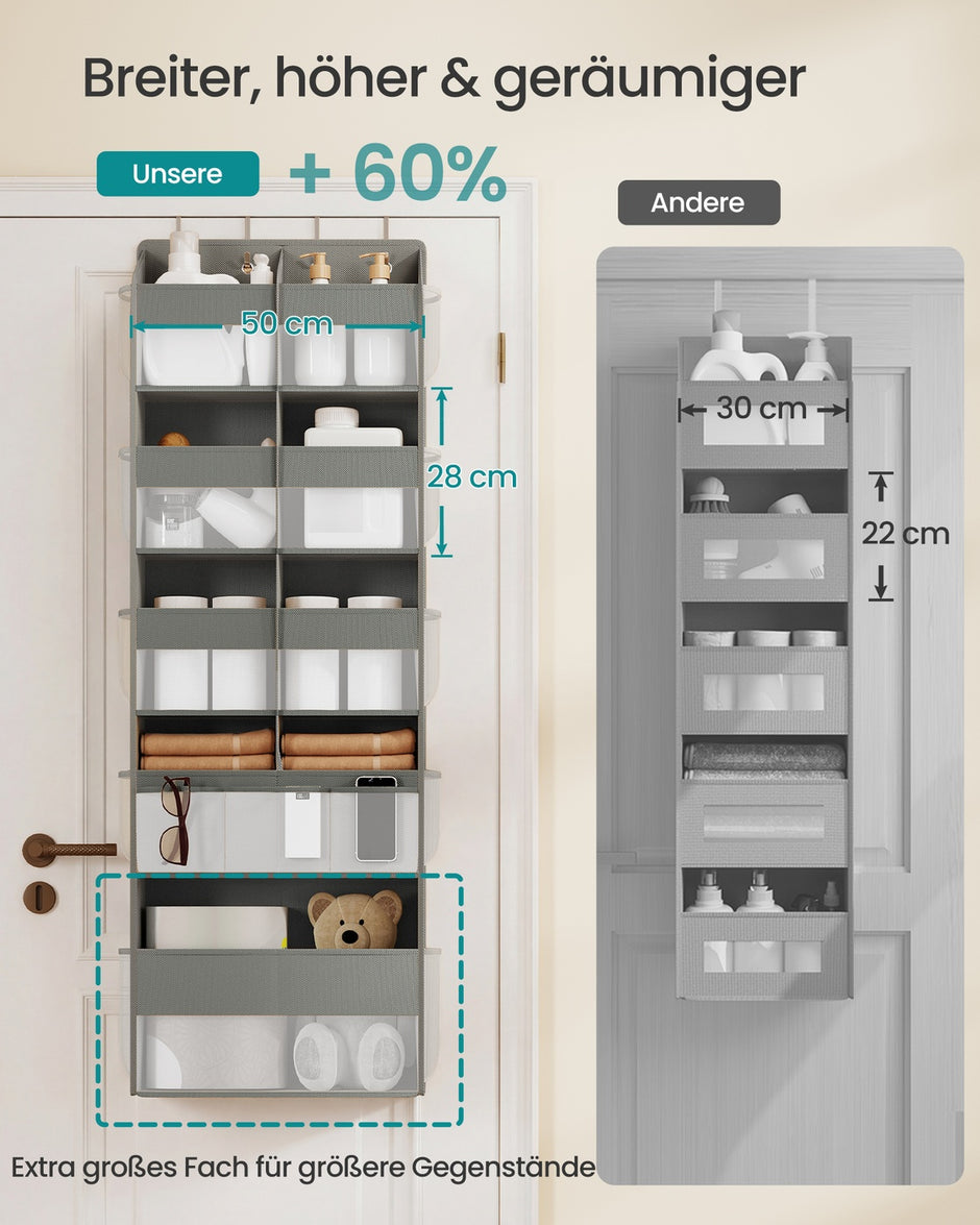 Deurorganizer - 17 x 50 x 150 cm - 9 vakken, 10 zijvakken - opvouwbaar - transparant - duifgrijs - maximaal 20 kg