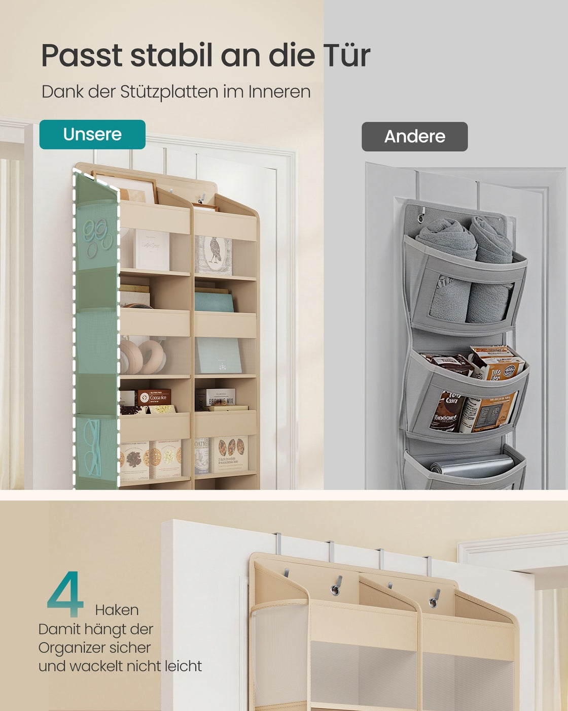 Deurorganizer - 17 x 50 x 150 cm - 9 vakken, 10 zijvakken, opvouwbaar - kleur: zandbeige - maximale belasting 20 kg