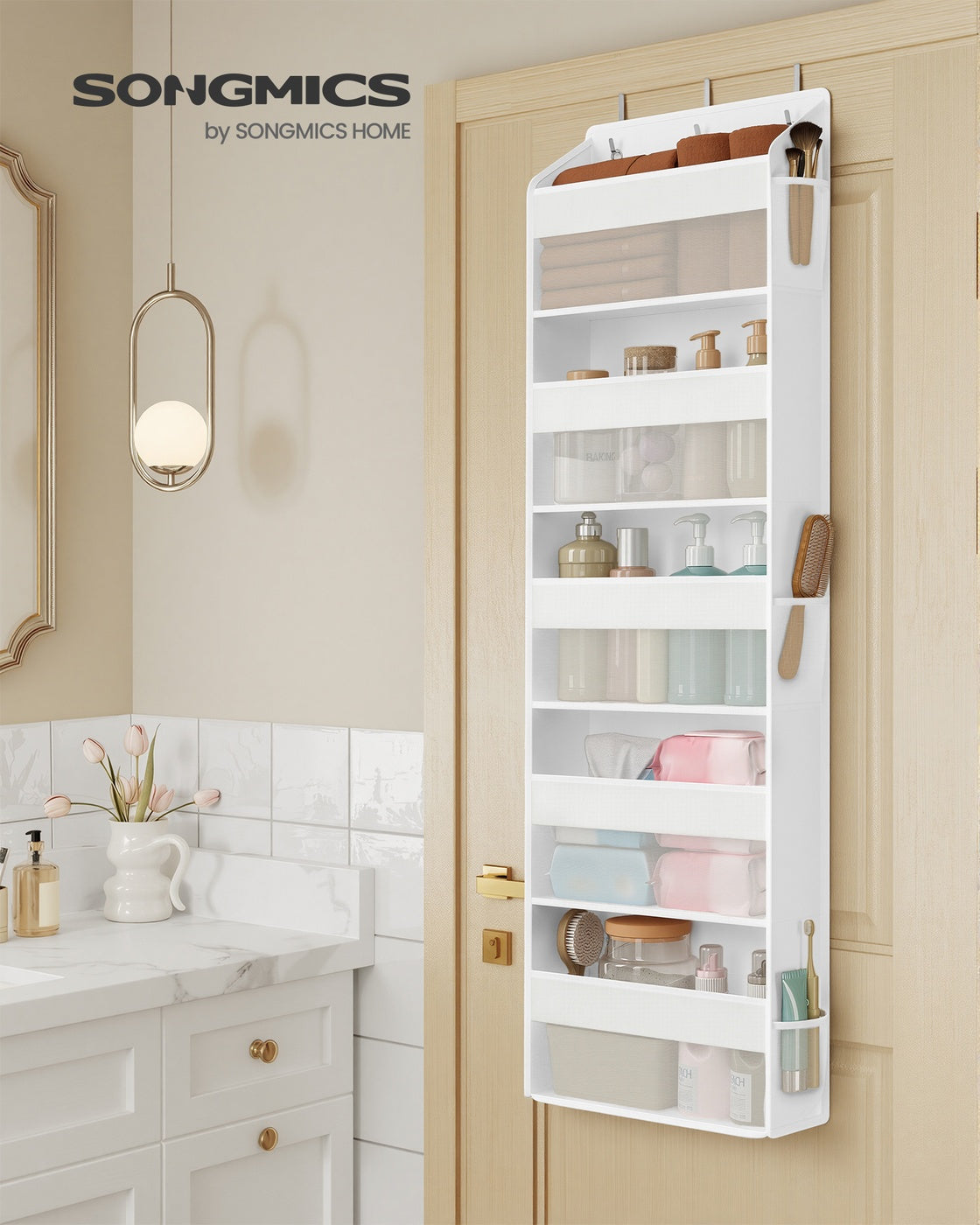 Deurorganizer - 15 x 40 x 140 cm - 5 vakken - opvouwbaar - transparant - wolkenwit - maximaal 15 kg