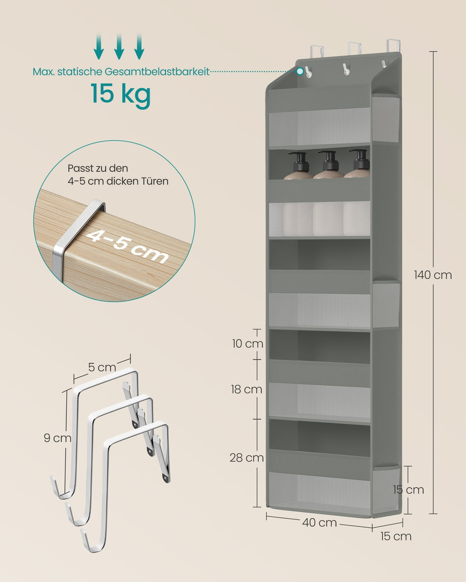 Deurorganizer - 15 x 40 x 140 cm - 5 vakken - opvouwbaar - transparant - duifgrijs - maximale belasting per plank 3 kg - totale belasting 15 kg