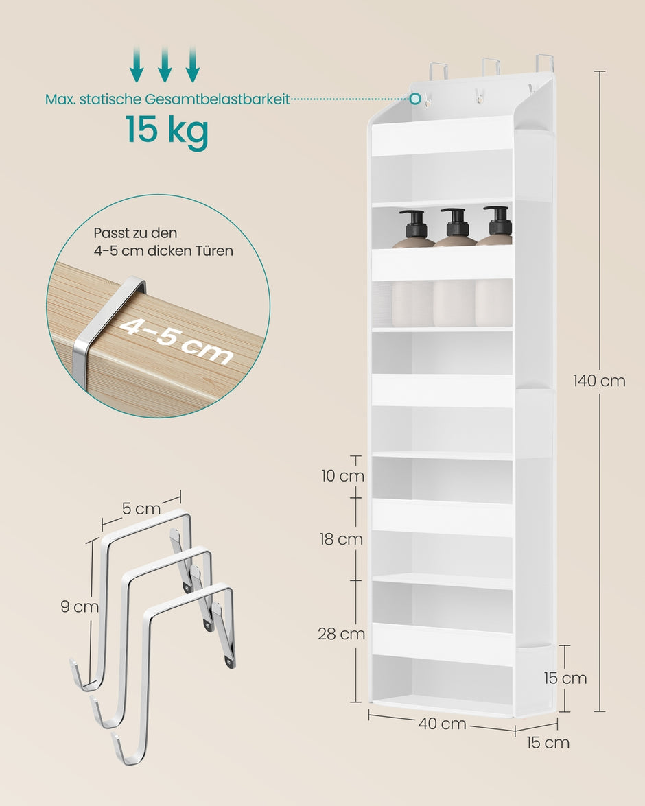 Deurorganizer - 15 x 40 x 140 cm - opvouwbaar - 5 vakken - transparant - wolkenwit - maximum belasting 15 kg - set van 2
