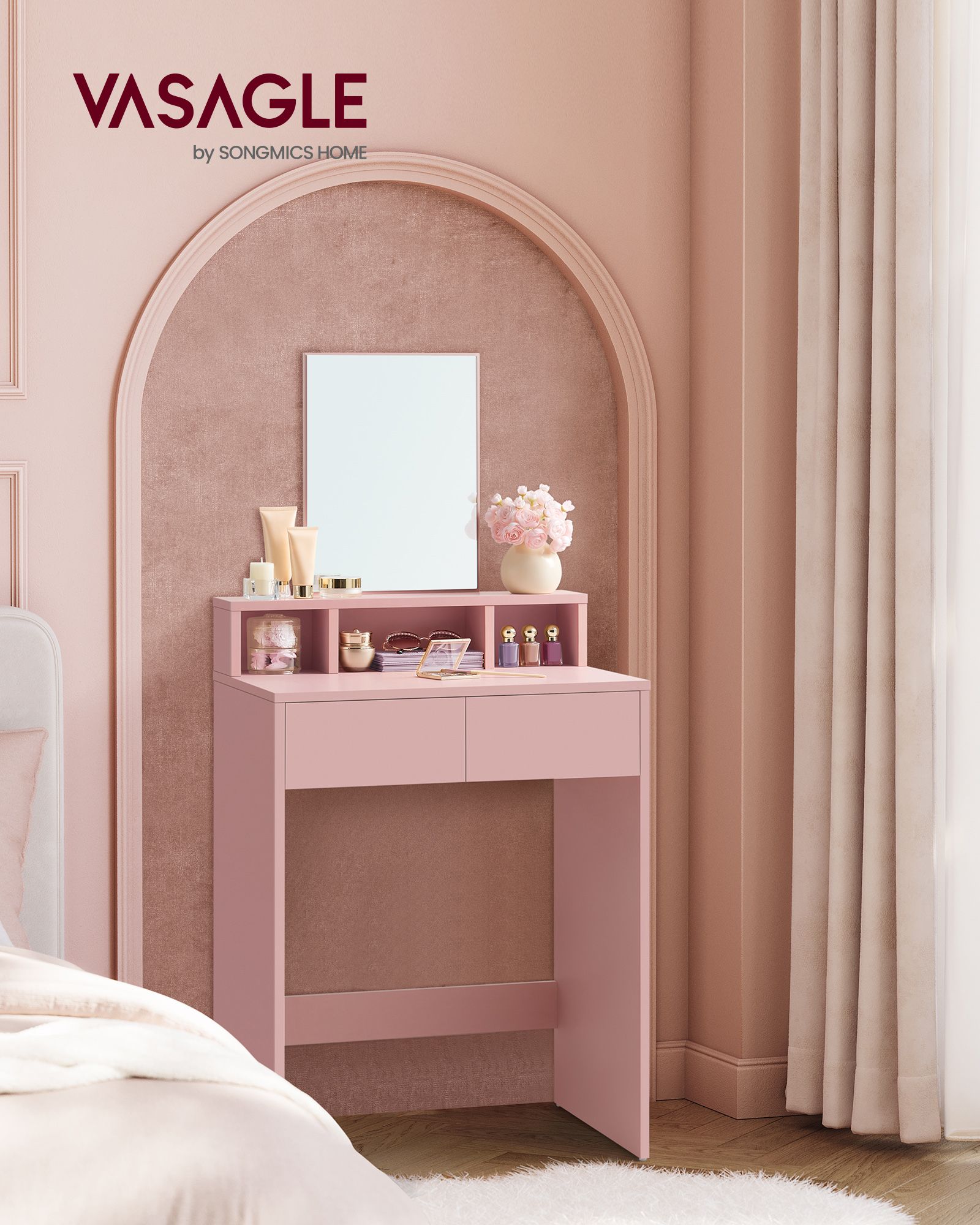 Schminktisch mit Spiegel und 2 Schubladen Pastellrosa