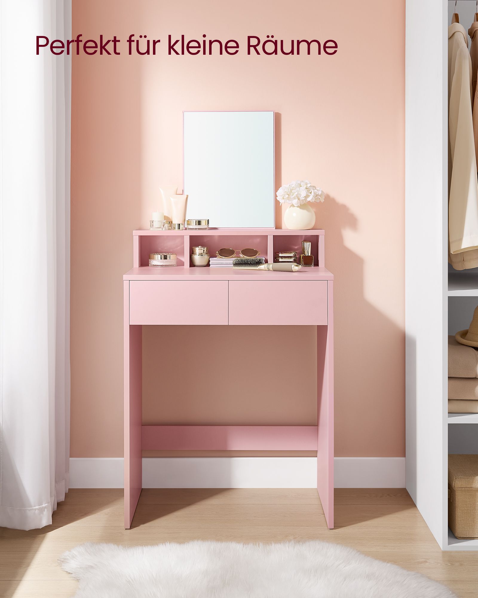 Schminktisch mit Spiegel und 2 Schubladen Pastellrosa