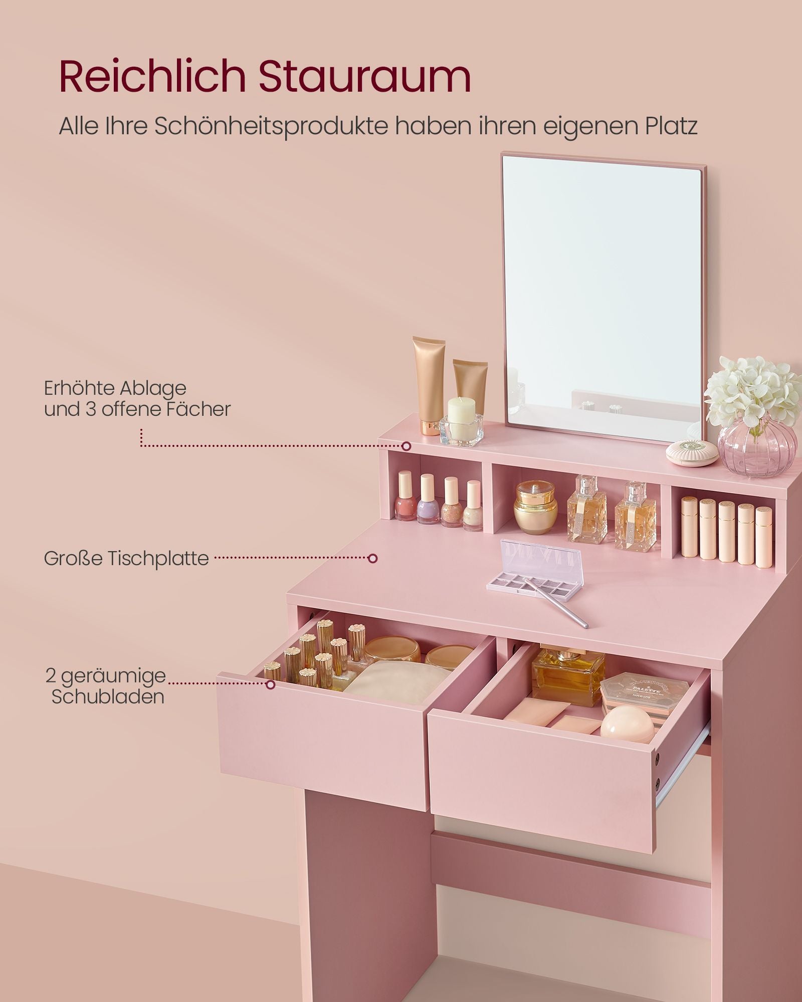 Schminktisch mit Spiegel und 2 Schubladen Pastellrosa