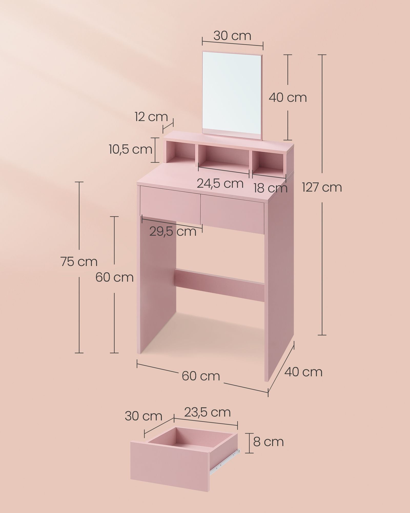 Schminktisch mit Spiegel und 2 Schubladen Pastellrosa
