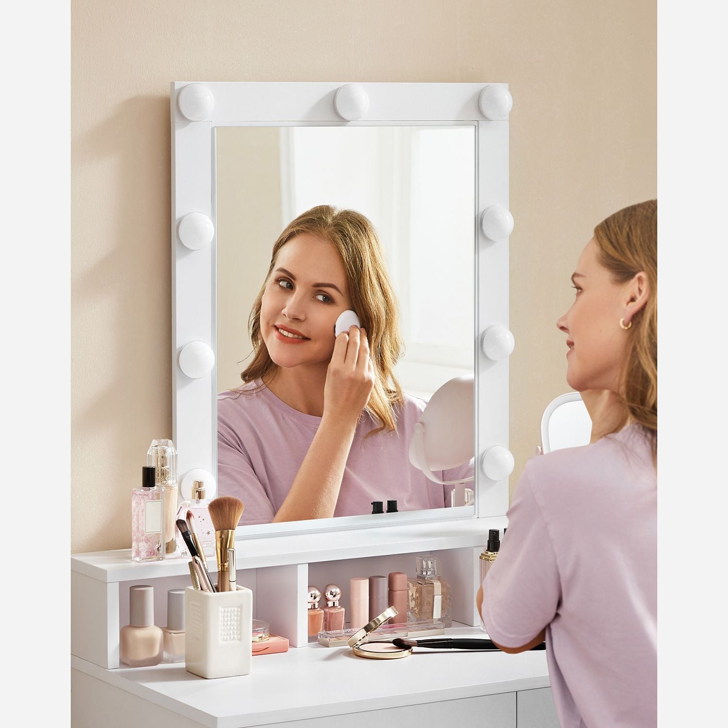 Schminktisch - Make -up -Tisch mit Spiegel und dimmbaren Glühbirnen - 2 Schubladen - Weiß