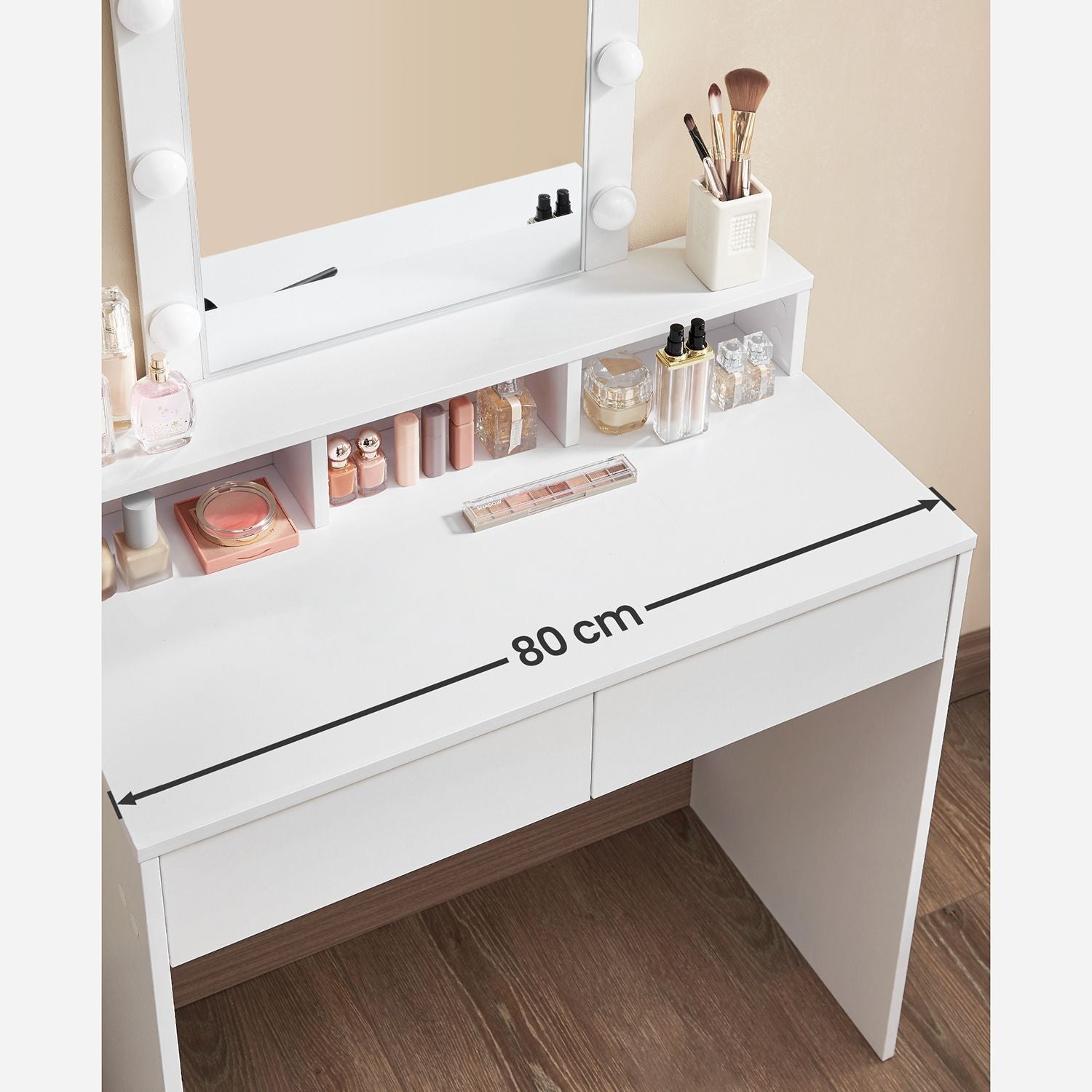 Schminktisch - Make -up -Tisch mit Spiegel und dimmbaren Glühbirnen - 2 Schubladen - Weiß