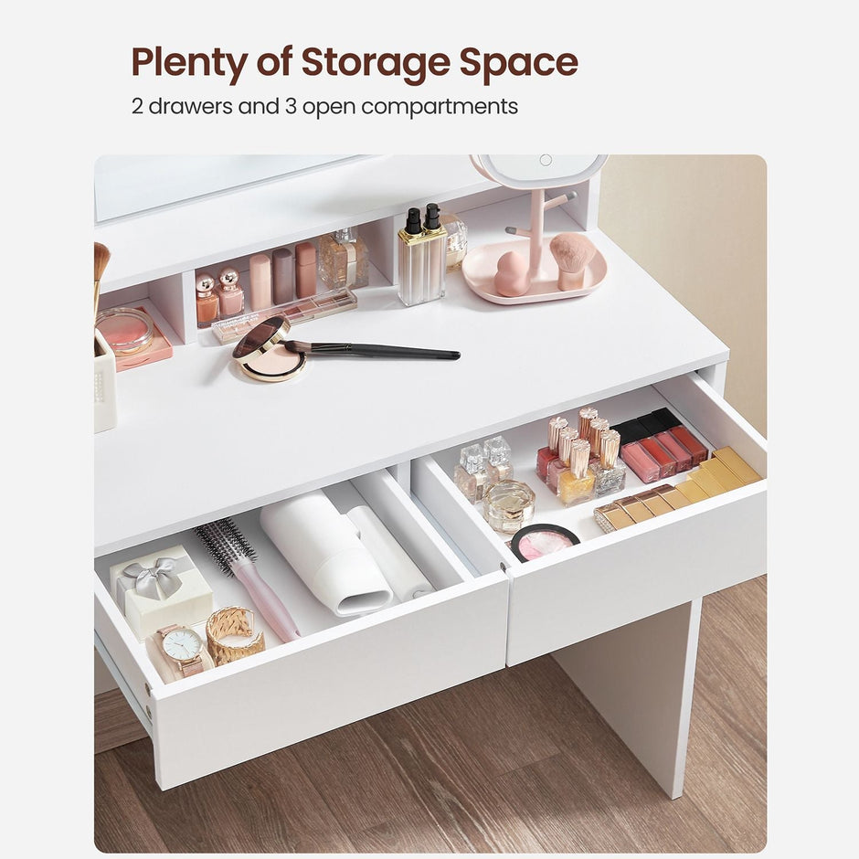 Schminktisch - Make -up -Tisch mit Spiegel und dimmbaren Glühbirnen - 2 Schubladen - Weiß