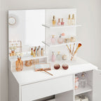 Schminktisch - Machen Sie -up -Tisch - 1 große Schublade - mit Spiegel und Beleuchtung - 2 Regale - Weiß
