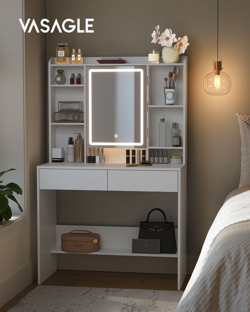 Schminktisch - Make -up -Tisch - mit LED -Beleuchtung und Spiegel - 2 Schubladen - aus Holz gemacht - Weiß
