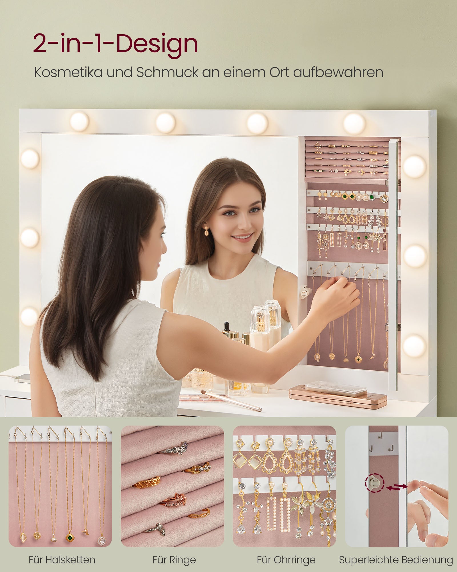 Schminktisch mit LED-Beleuchtung und wolkenweißem Spiegel