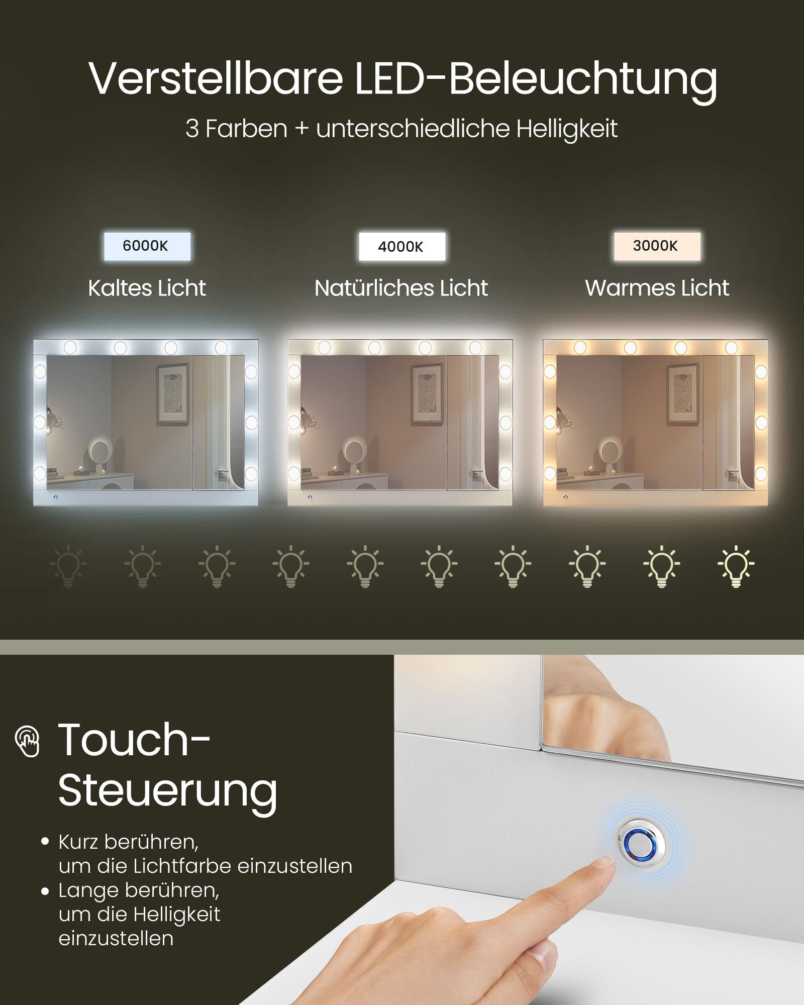 Schminktisch mit LED-Beleuchtung und wolkenweißem Spiegel