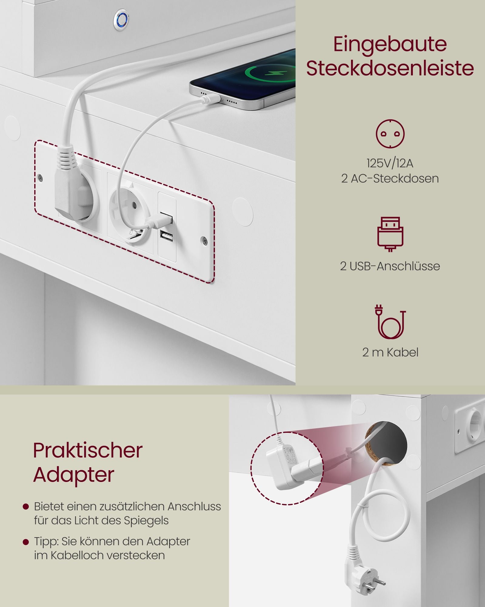 Schminktisch mit LED-Beleuchtung und wolkenweißem Spiegel