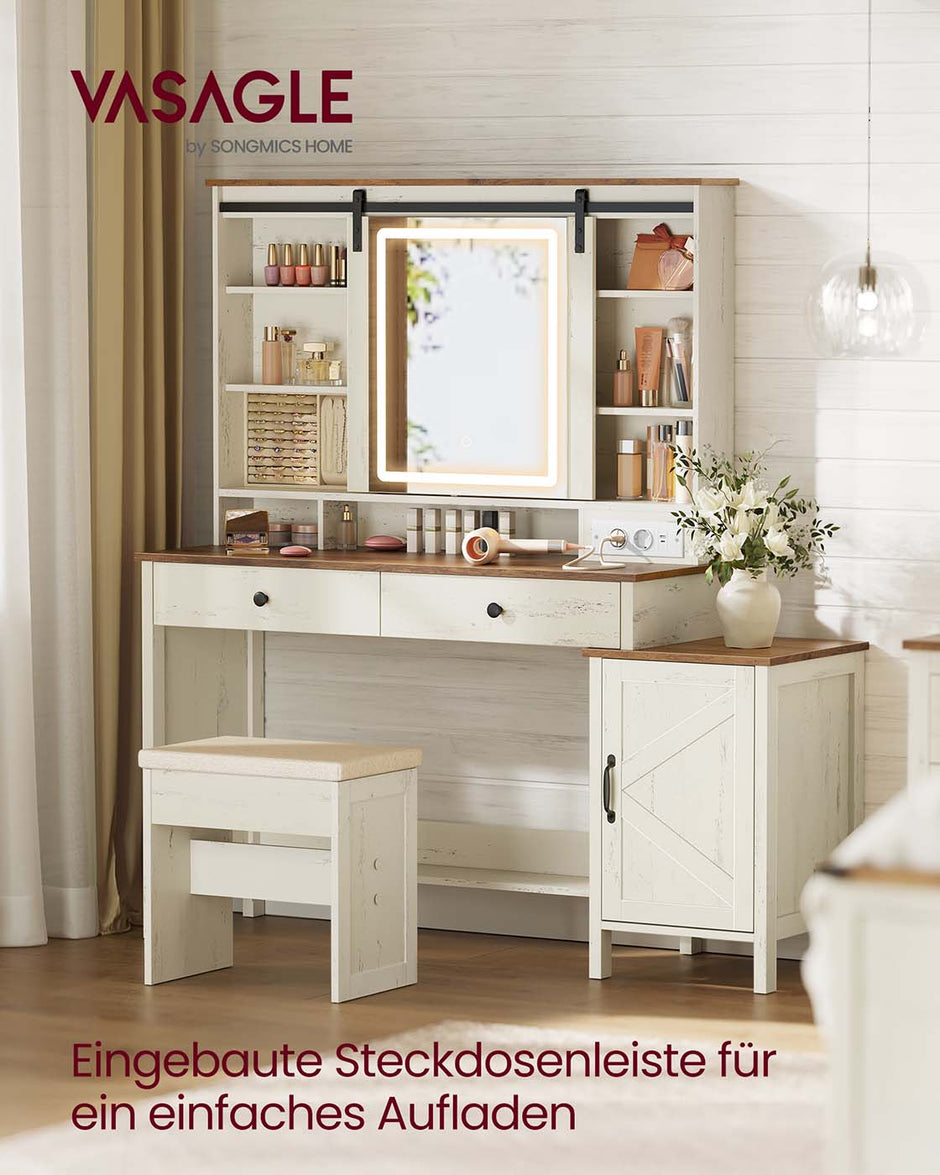 Kaptafel – Make-up Tafel - Met spiegel – 3 lades – Vintage Wit  – Honing Bruin –  40 x 125 x 147 cm