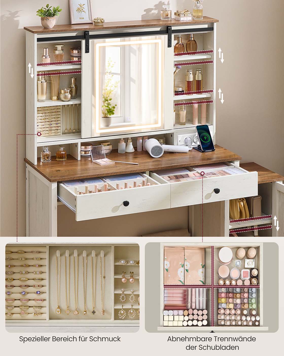 Kaptafel – Spiegelverlichting en Meerdere Lades – Witte Houtlook – Slaapkamer