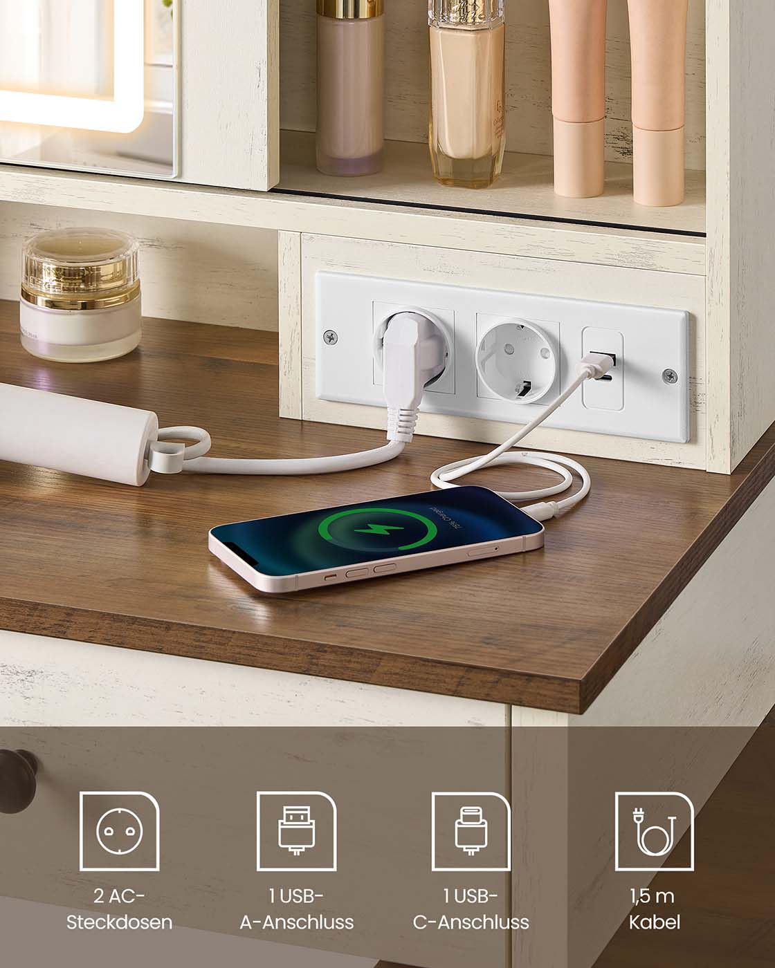 Kaptafel – Spiegelverlichting en Meerdere Lades – Witte Houtlook – Slaapkamer