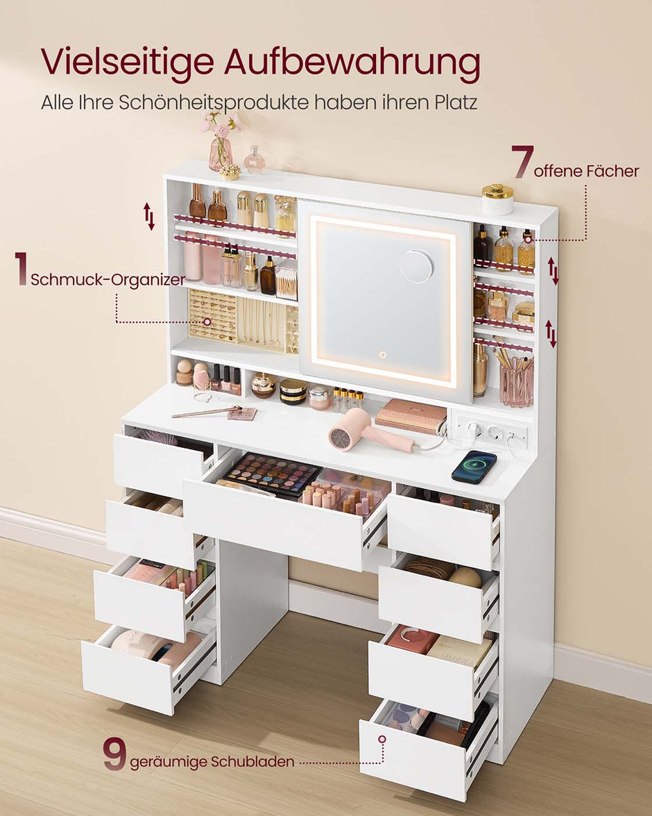 Kaptafel – Make-up Tafel  – Met 10x vergrotende spiegel – LED-verlichting – 9 lades – Wolkenwit – met Stopcontact