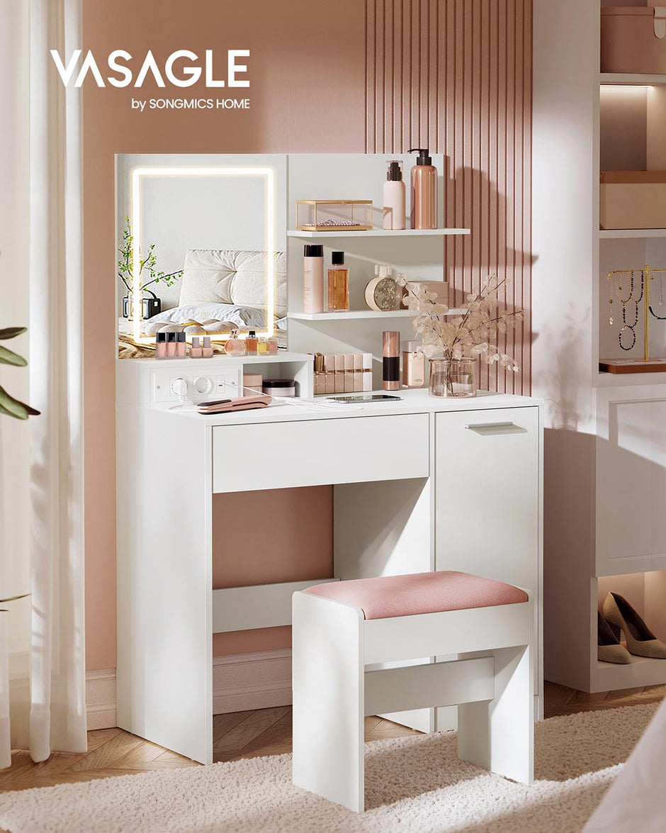 Kailyn Collection - Schminktisch mit LED -Spiegel, Schubladen und offenen Regalen