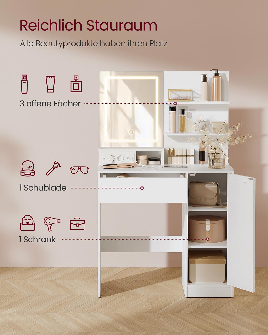 Kailyn Collection - Schminktisch mit LED -Spiegel, Schubladen und offenen Regalen